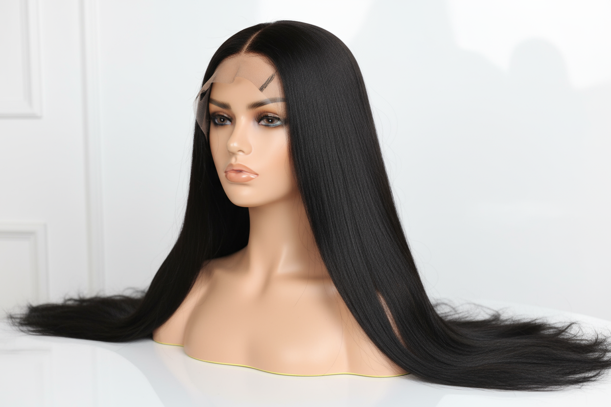 Jet black 26” hd lace wig on a beauty mannequin head 